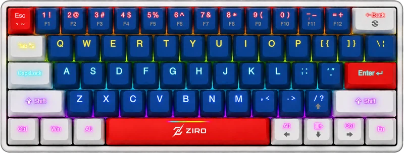 ZIRO ZMK-61 mechanical keyboard in blue, white and red